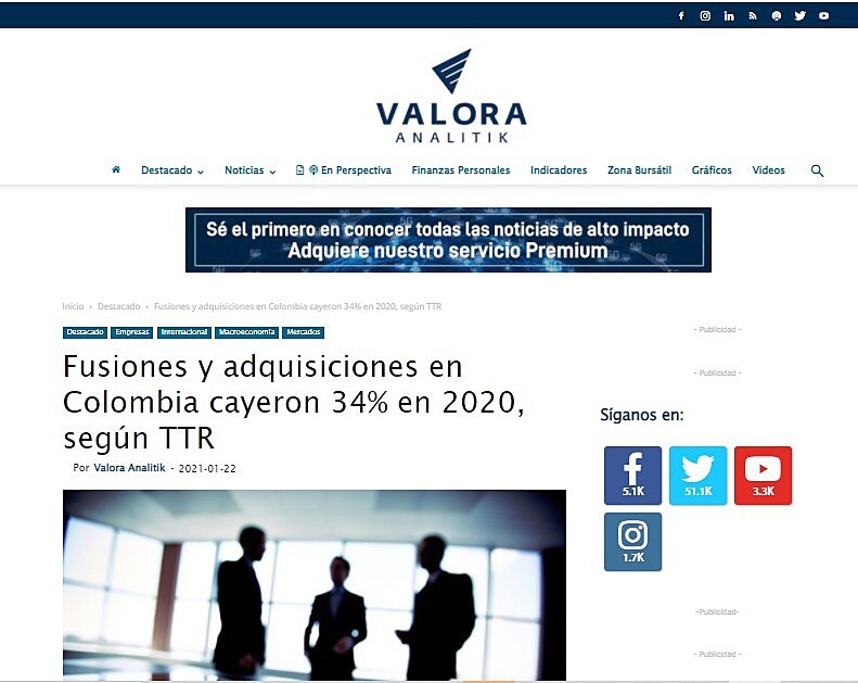 Fusiones y adquisiciones en Colombia cayeron 34% en 2020, segn TTR